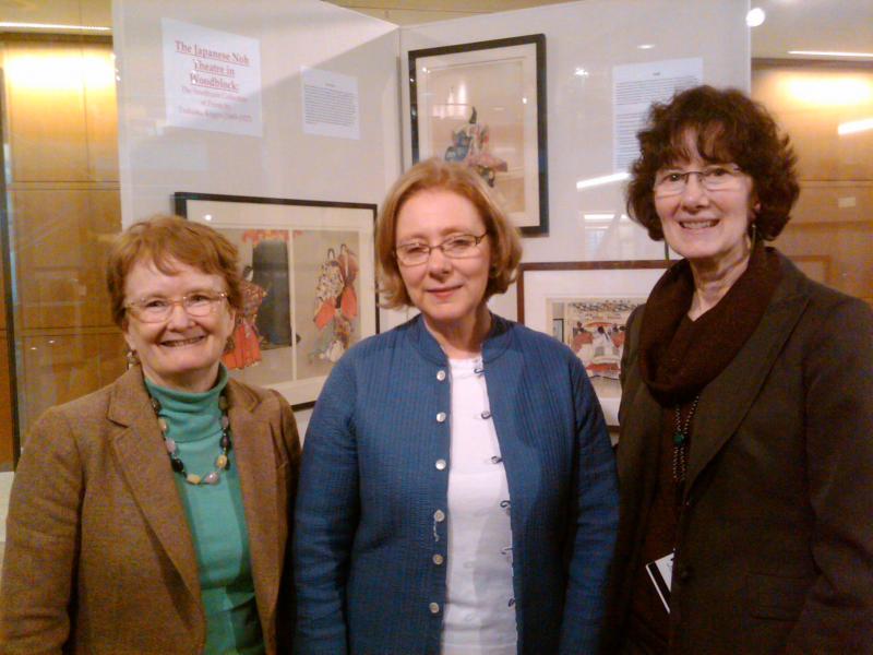 Japanese Studies Librarian Maureen Donovan, DEALL Professor Shelley Quinn, and Nena Couch with Tsukioka Kōgyo display.