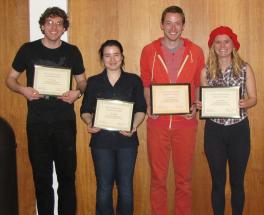 L to R: Ryan Harrison, Julia Langholt, Andrew Trimmer, and Genevieve Simon are recognized for their participation in the Denman Undergraduate Research Forum. 