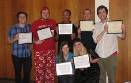 L to R top: Daniel Shtivelberg, Caleb Inboden, Kevin Tate, Max Glenn, Daniel Turek; L to R bottom: Elizabeth Harelik and Kelly Hogan receive outstanding contribution to production awards. 