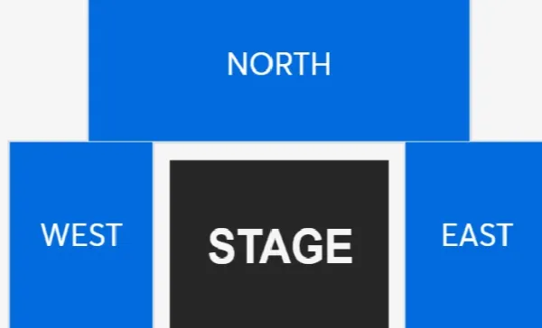 Seating on west, north, and east sides of the stage