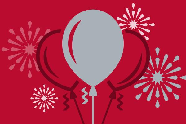 Graphic with scarlet and grey balloons