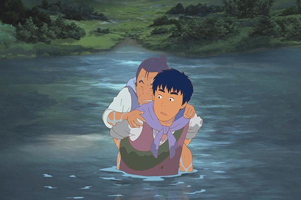 Young man carrying older man across river