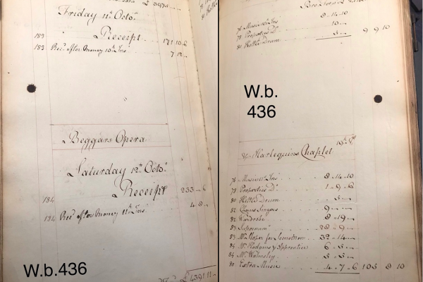 Left: page from Folger W.b.436 (15), a Covent Garden Journal, showing income and mainpiece performances for 11 and 12 October 1793. Right: page from Folger W.b.436 (16) showing expenditures and afterpiece performances for 11 and 12 October 1793. Photos by