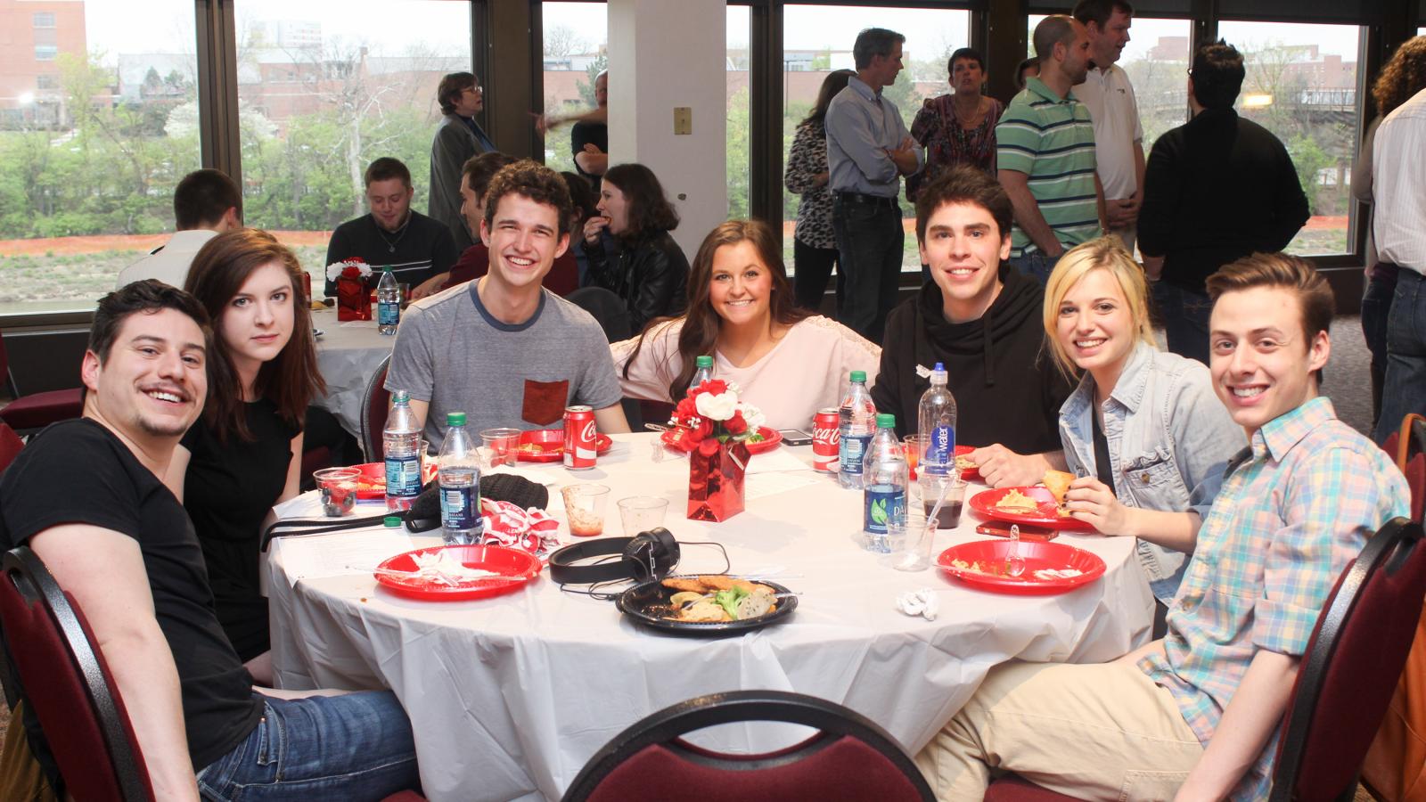 BA theatre students enjoying the End of Year Celebration dinner. 
