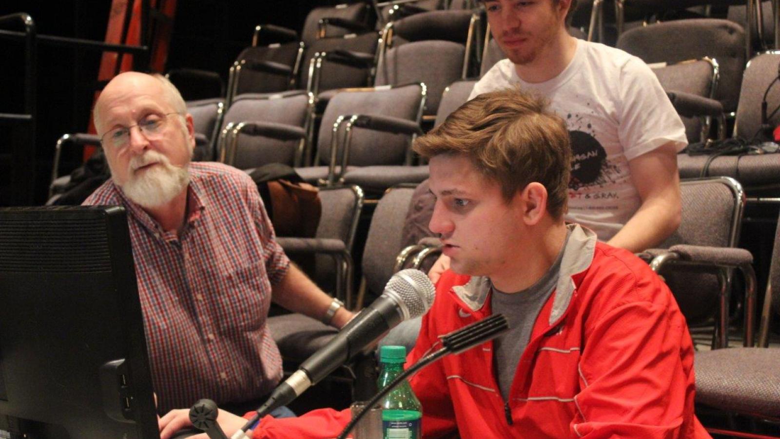 Jim Knapp advises Trouble in Mind sound designer Tim Grant while sound console operator Jacob Nickel looks on. 