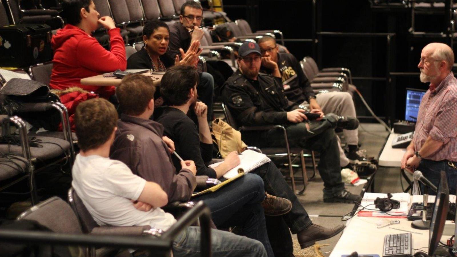 Guest Director Melissa Maxwell (left center) gives notes to the production staff of Trouble in Mind. 