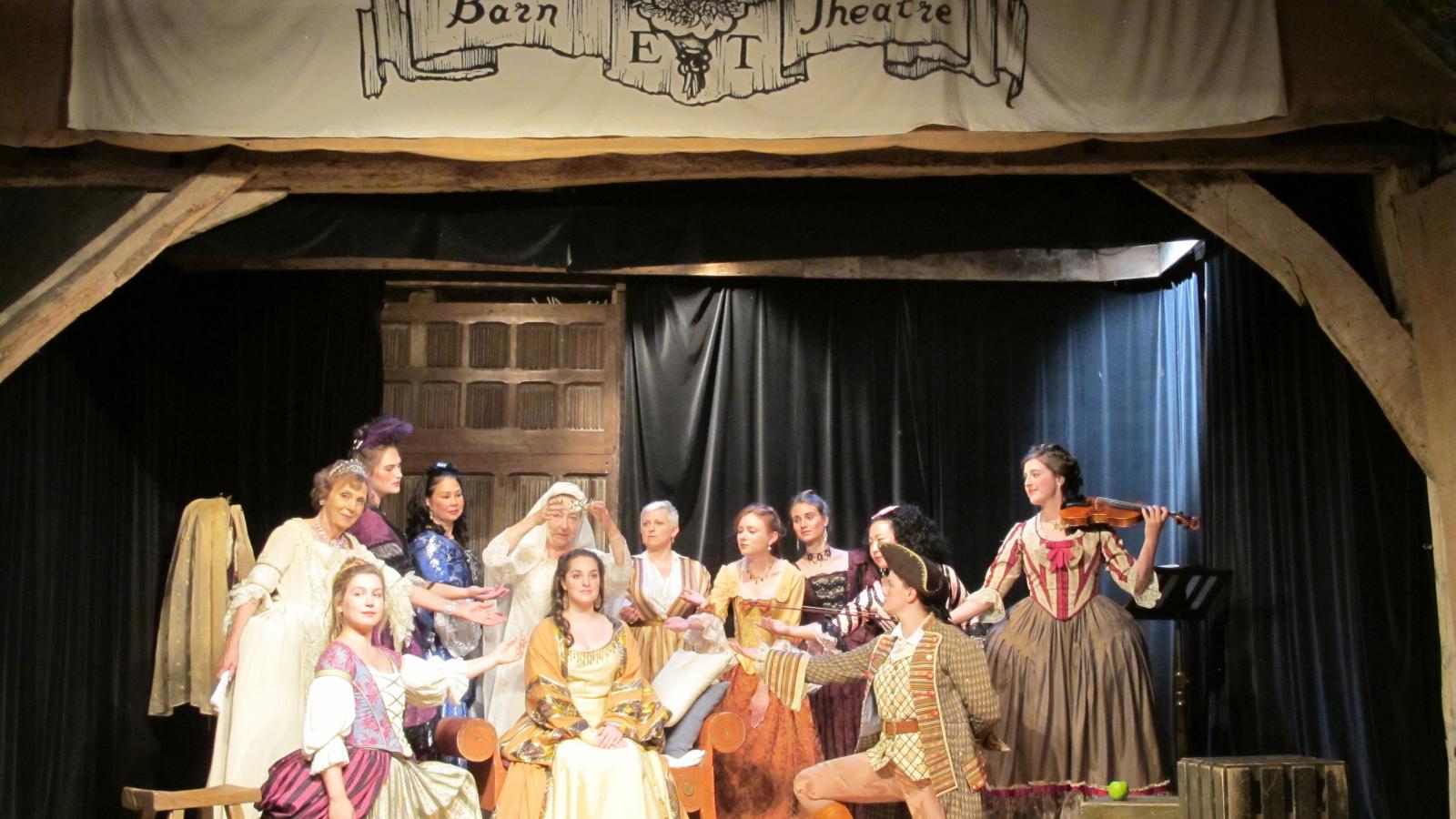 The full cast of women playing actresses from history in The First Actress on the stage of the Barn Theatre in Kent (Photo: Palindrome Productions).