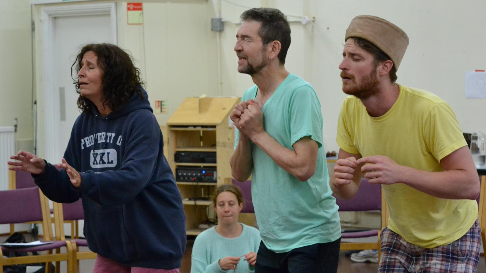 Actors rehearsing The Tempest in the RSC rehearsal room. Left to right: Ohio State Visiting Assistant Professor Robin Post, RSC Actors Eva Lily Tausig, Greg Hicks, and Chris McDonald. June, 2014, The RSC Rehearsal room in London, England.