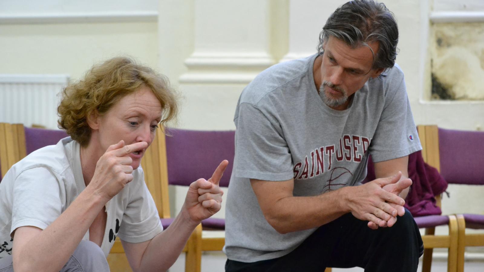 The Tempest Director Kelly Hunter (Royal Shakespeare Company) and Ohio State Assistant Professor Kevin McClatchy discussing a scene during rehearsal. June, 2014, The RSC Rehearsal room in London, England.