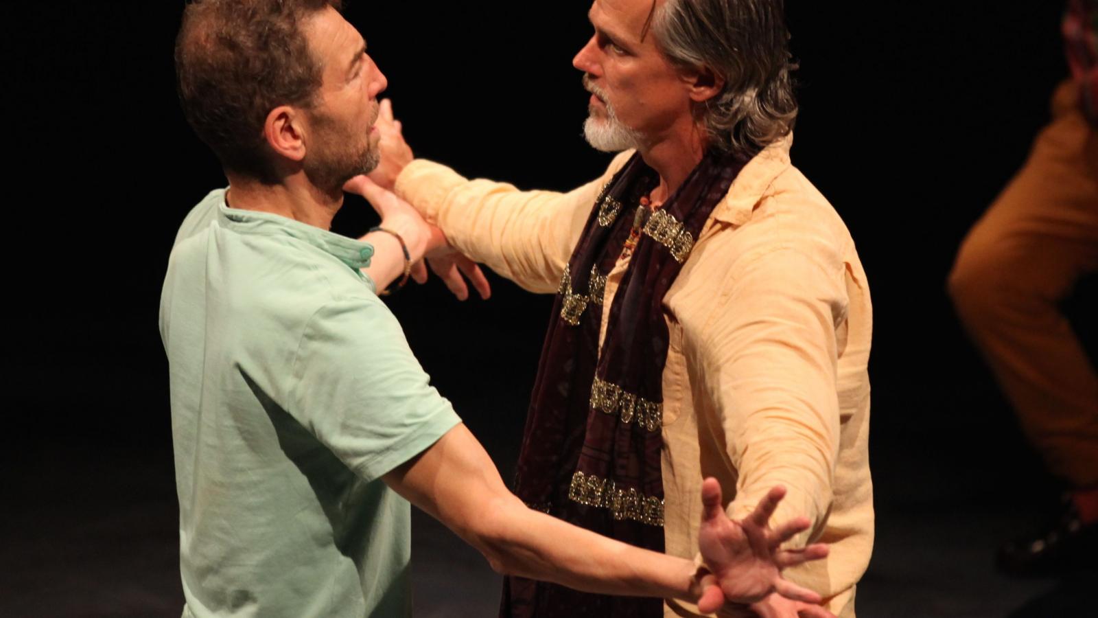 The final encounter between Caliban (Greg Hicks) and Prospero (Kevin McClatchy)