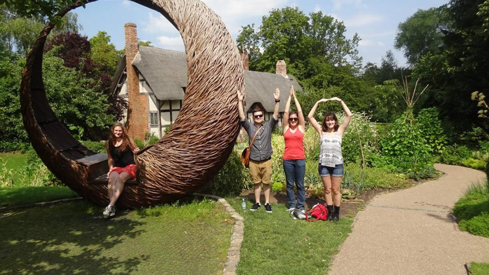 Annie McAlpine, Kyle Hatfield, Erica Beimesche and Sarah Fickling showing their O-H-I-O spirit at Anne Hathaway’s Cottage in Stratford-upon-Avon. 